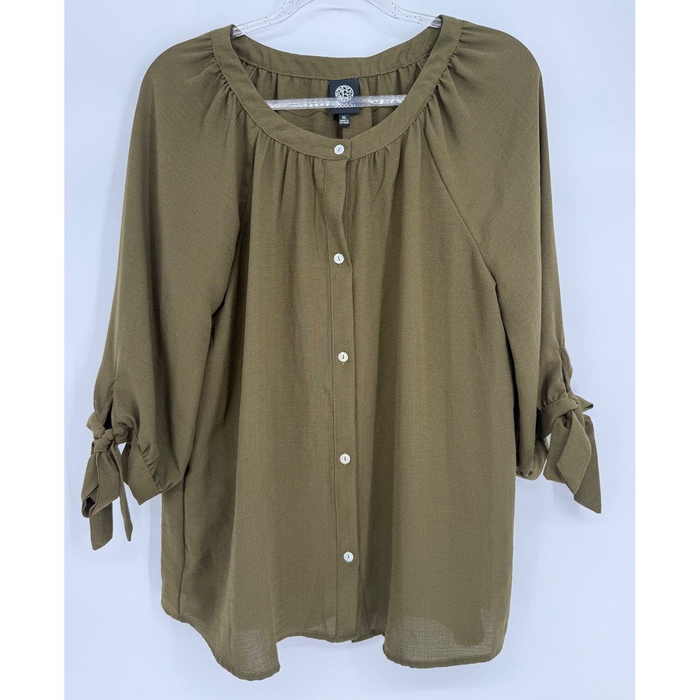 Bobeau Women Olive Green Button Front Tie Cuff Blouse Sz XL